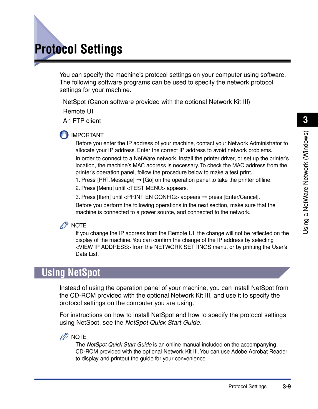 Canon 700 manual Protocol Settings, Using NetSpot 