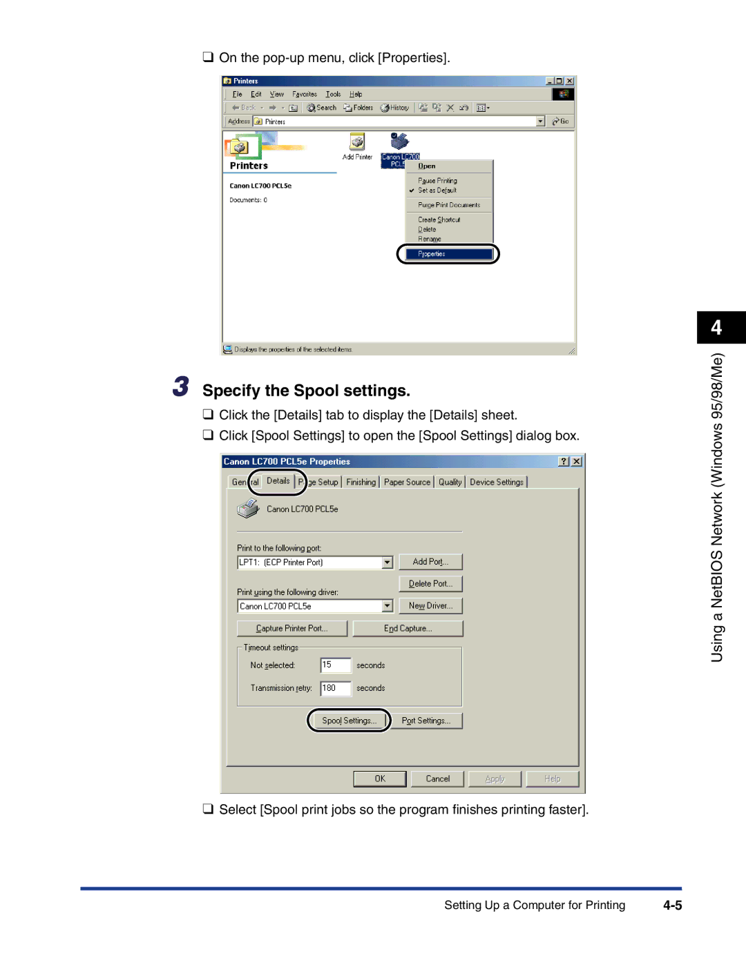 Canon 700 manual Specify the Spool settings 