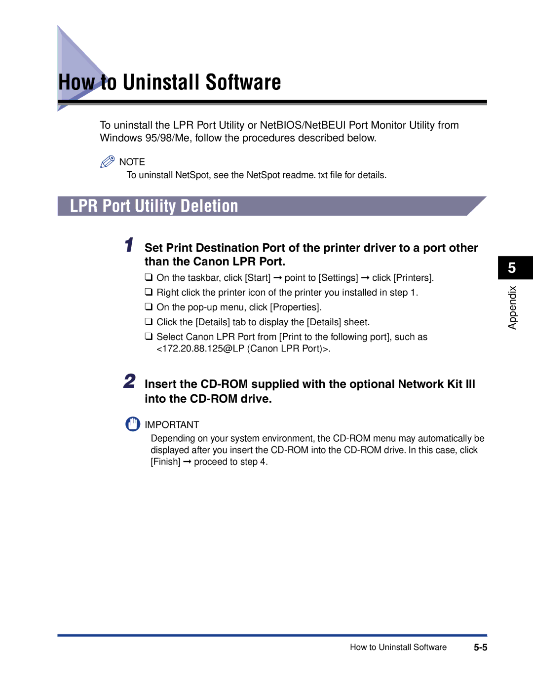 Canon 700 manual How to Uninstall Software, LPR Port Utility Deletion 