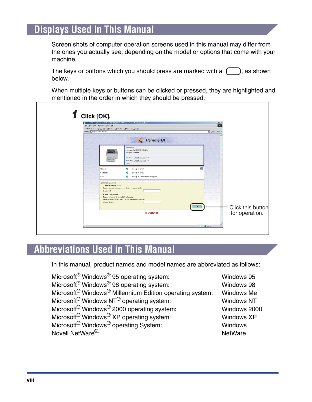 Canon 700 manual Displays Used in This Manual, Abbreviations Used in This Manual, Click OK 