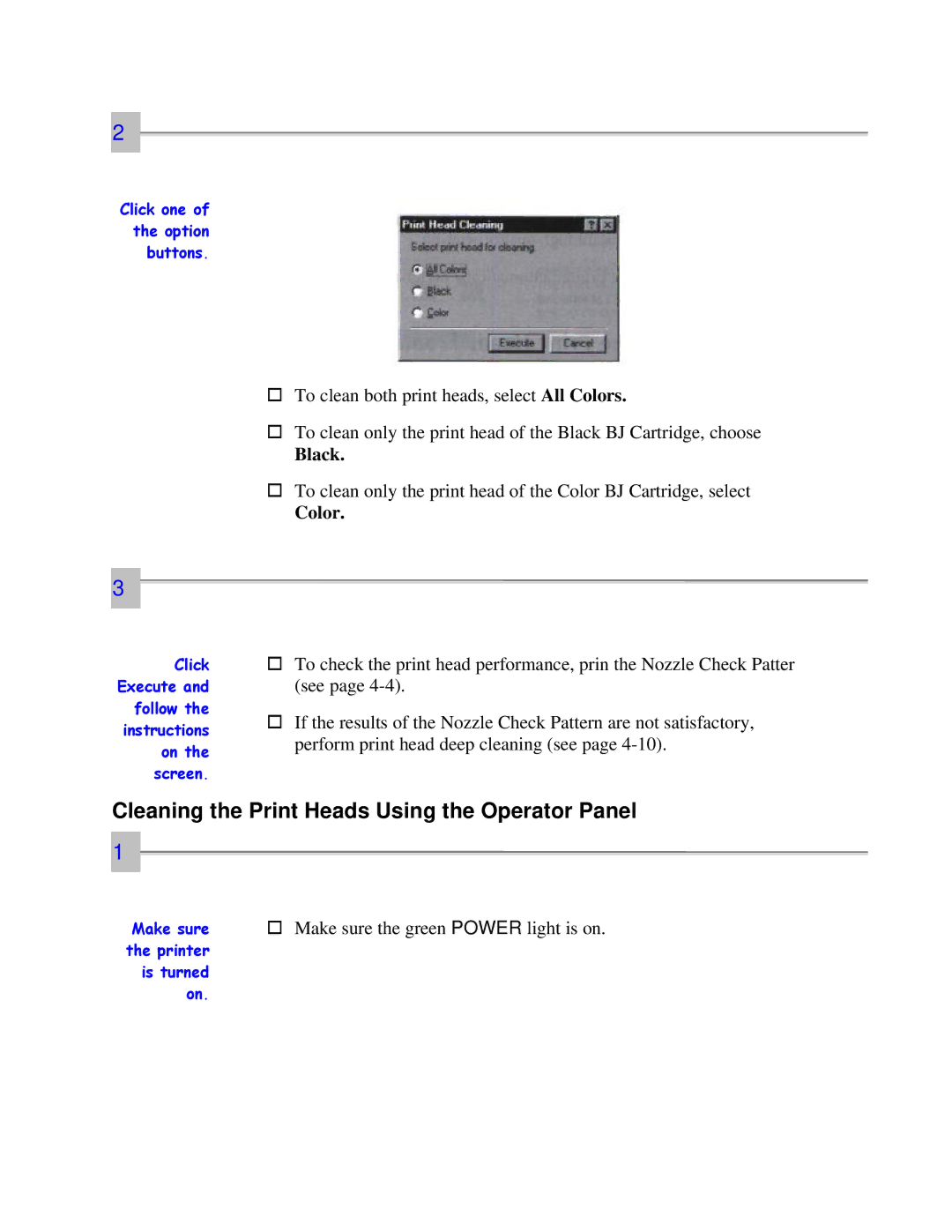 Canon 7000 user manual Cleaning the Print Heads Using the Operator Panel, Color 