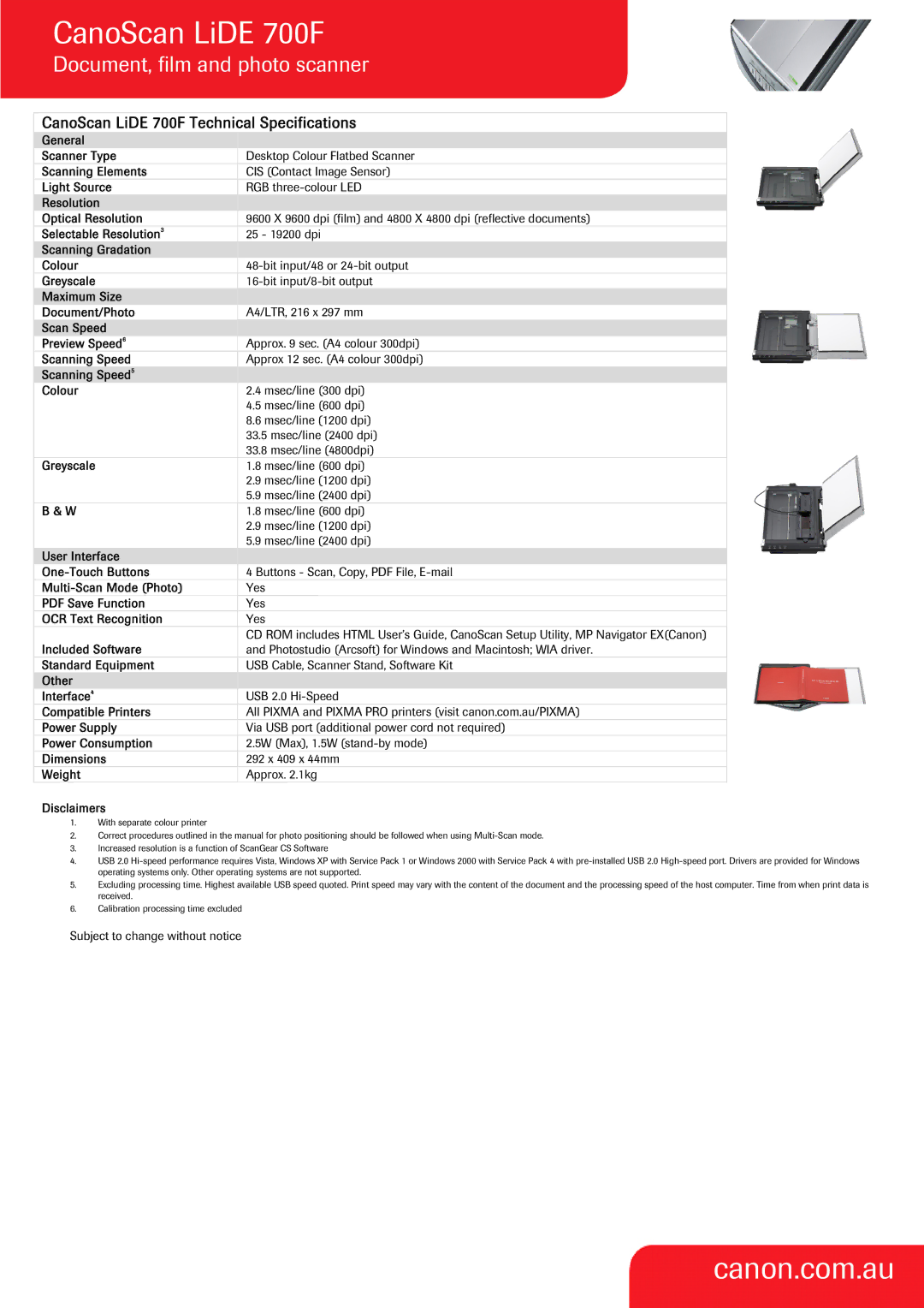 Canon 700F General Scanner Type, Scanning Elements, Light Source, Resolution Optical Resolution, Selectable Resolution 