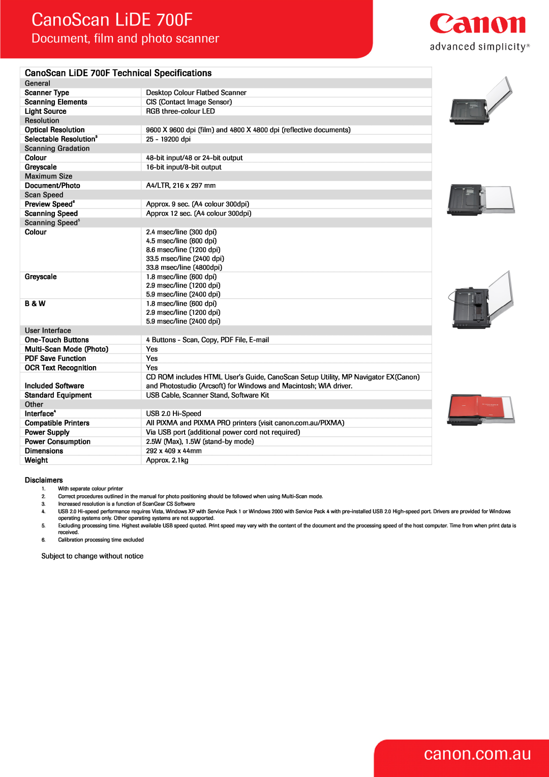 Canon warranty canon.com.au, Document, film and photo scanner, CanoScan LiDE 700F Technical Specifications 