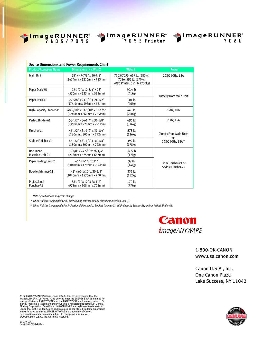 Canon 7095 PRINTER Canon U.S.A., Inc One Canon Plaza Lake Success, NY, Device Dimensions and Power Requirements Chart 