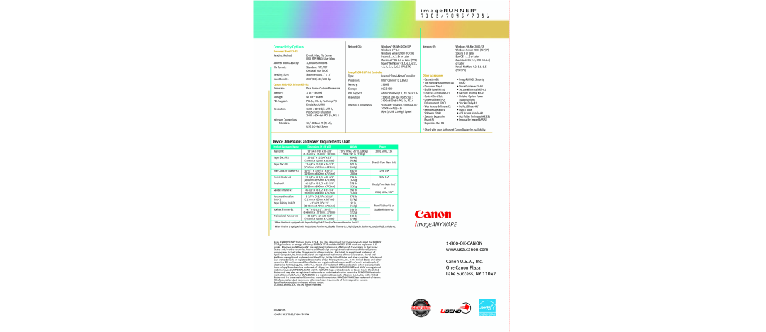 Canon 7105 Canon U.S.A., Inc One Canon Plaza Lake Success, NY, Device Dimensions and Power Requirements Chart, Weight 