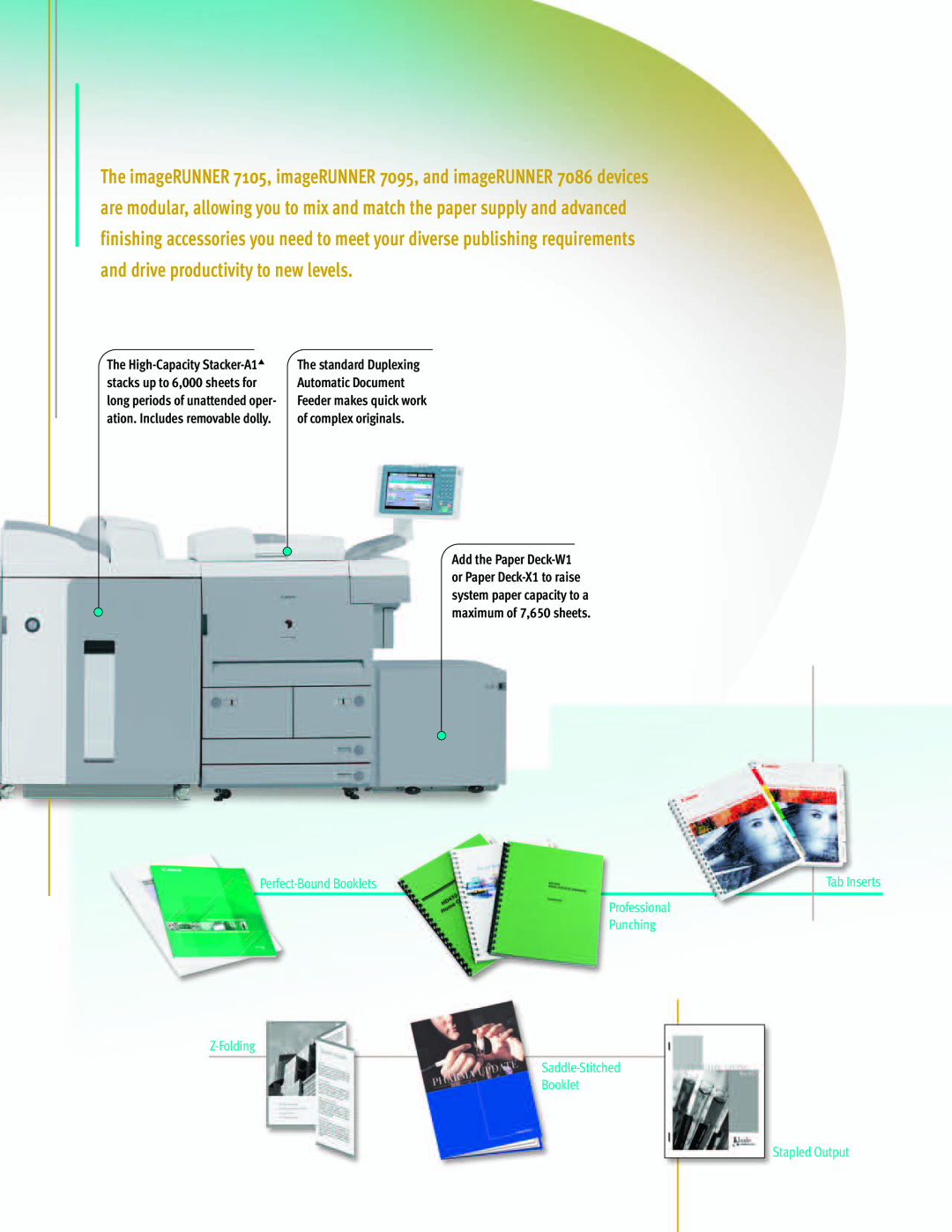 Canon 7095, 7105 Perfect-Bound Booklets, Professional Punching Z-Folding Saddle-Stitched Booklet, Stapled Output 