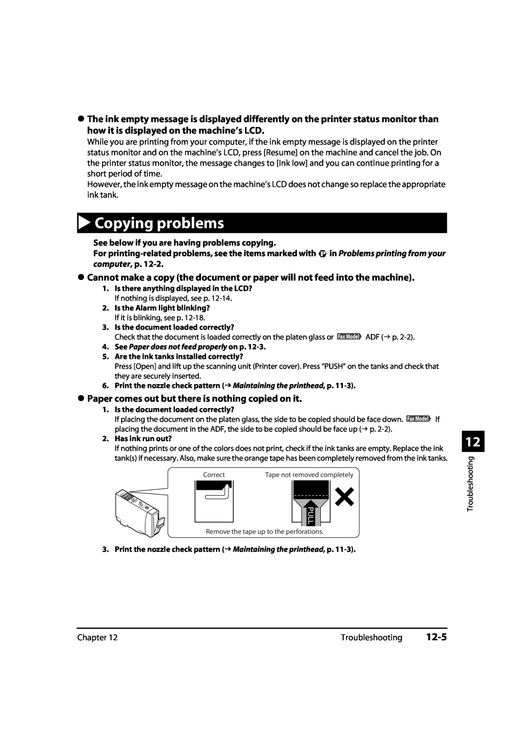 Canon 730i, MultiPASS MP730, MP700 manual Copying problems, 12-5, Paper comes out but there is nothing copied on it 