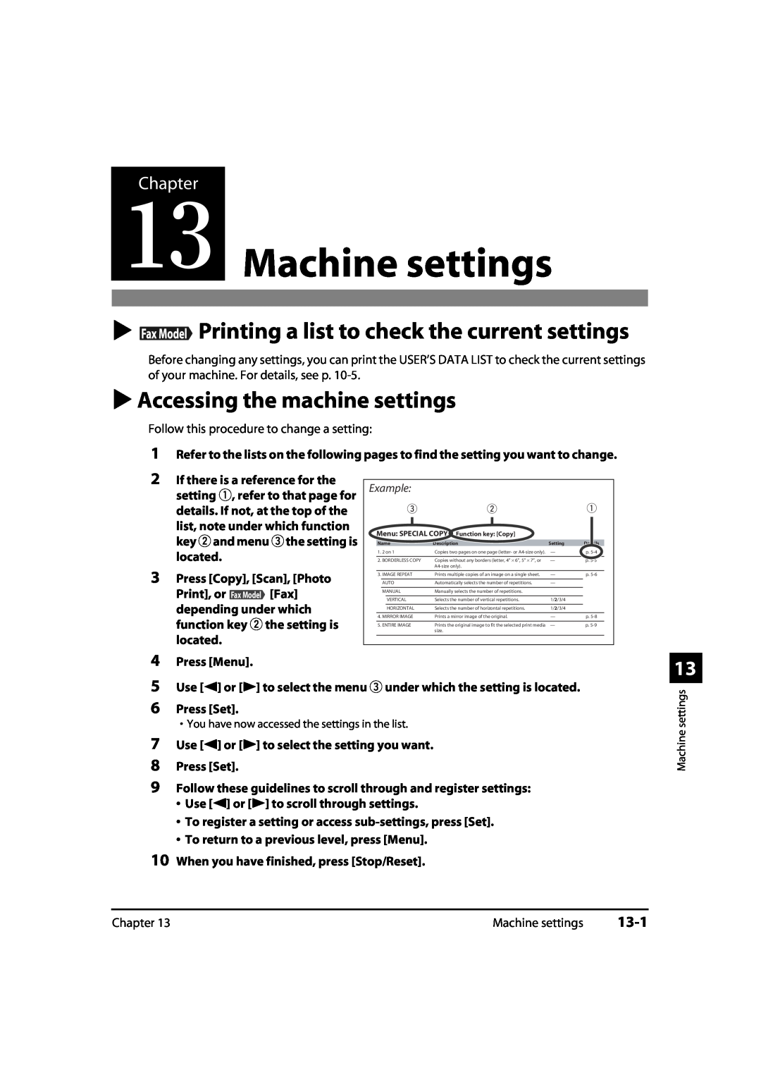 Canon MP700 Machine settings, Printing a list to check the current settings, Accessing the machine settings, 13-1, Chapter 