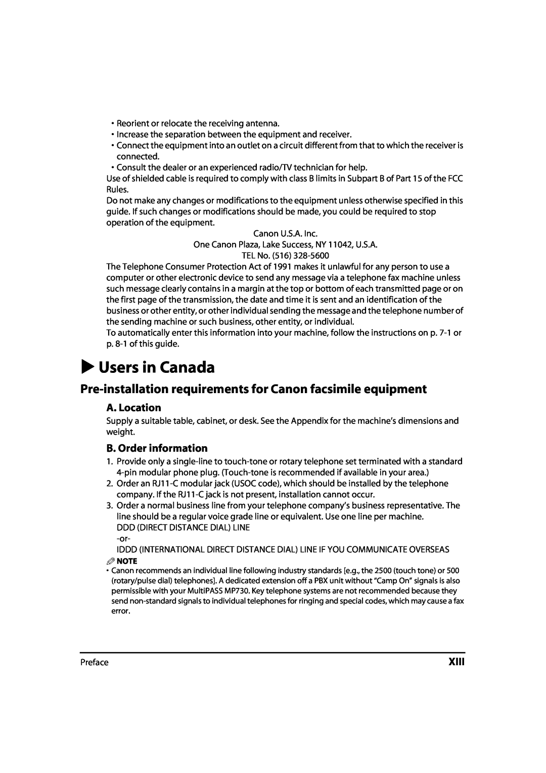 Canon MP700, 730i manual Users in Canada, Xiii, Pre-installation requirements for Canon facsimile equipment, A. Location 