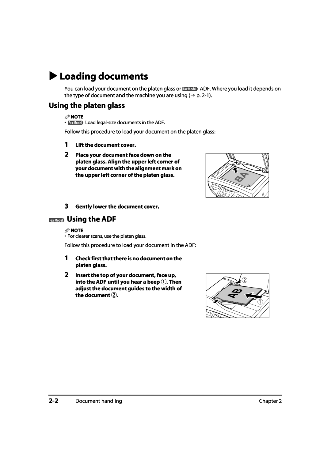 Canon MultiPASS MP730 Loading documents, Using the platen glass, Fax Model Using the ADF, Gently lower the document cover 