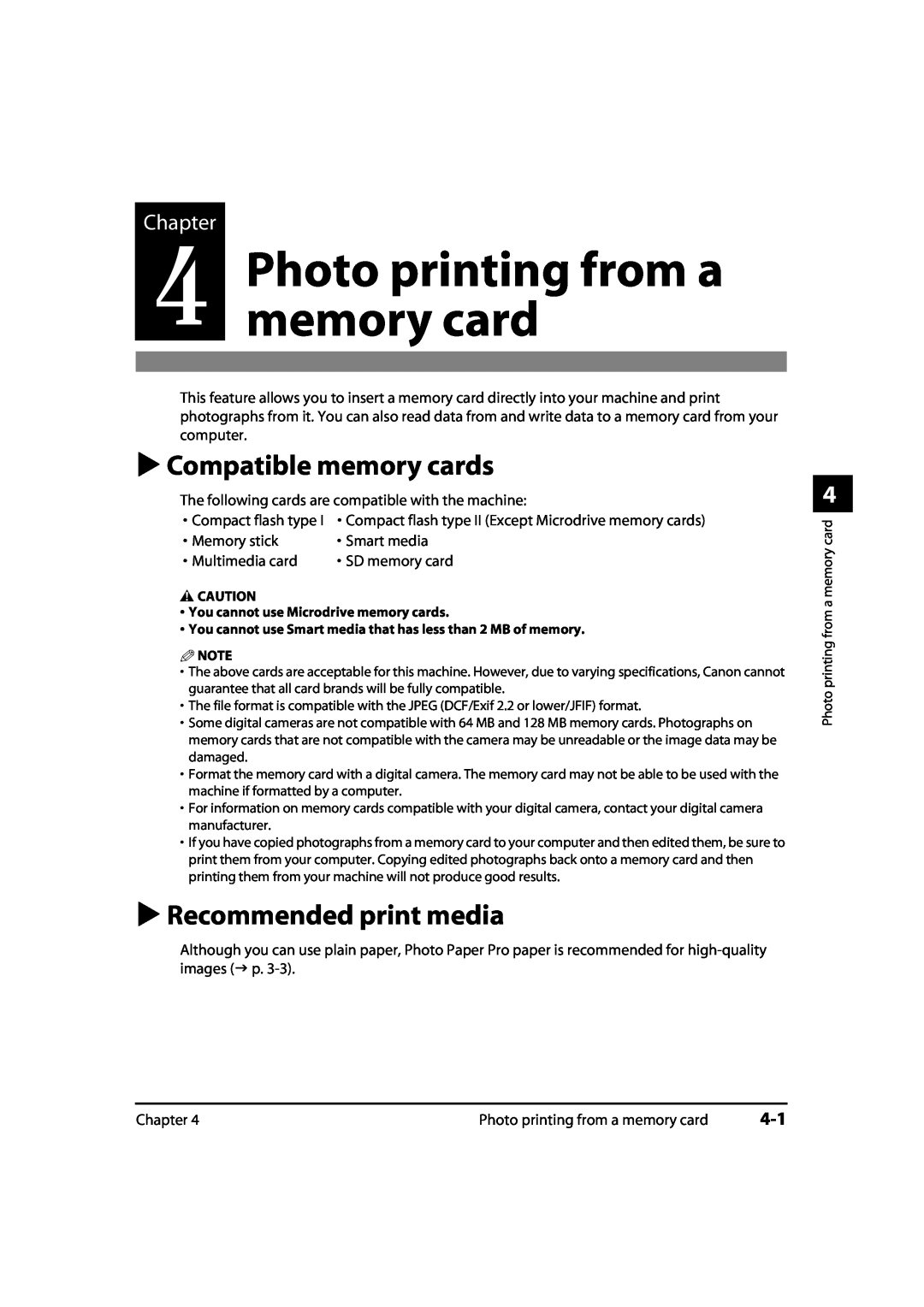 Canon 730i, MultiPASS MP730 Photo printing from a memory card, Compatible memory cards, Recommended print media, Chapter 