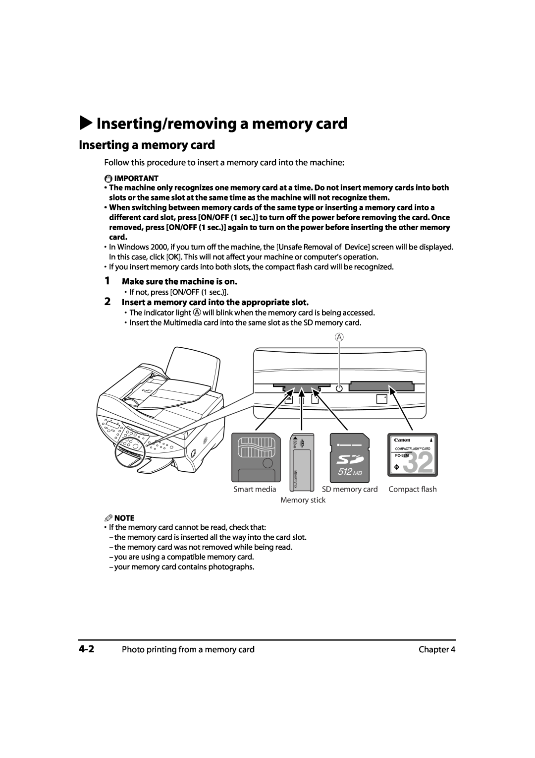 Canon MultiPASS MP730 Inserting/removing a memory card, Inserting a memory card, Make sure the machine is on, Memory stick 