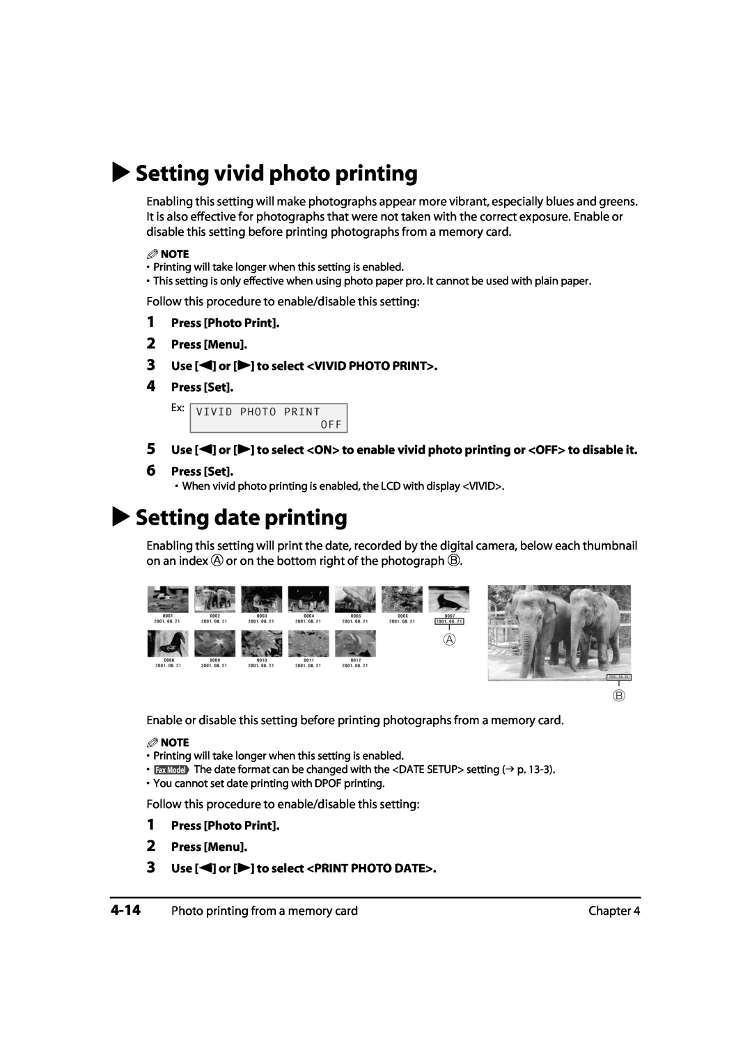 Canon MultiPASS MP730, 730i, MP700 manual Setting vivid photo printing, Setting date printing, 4-14, Press Set 