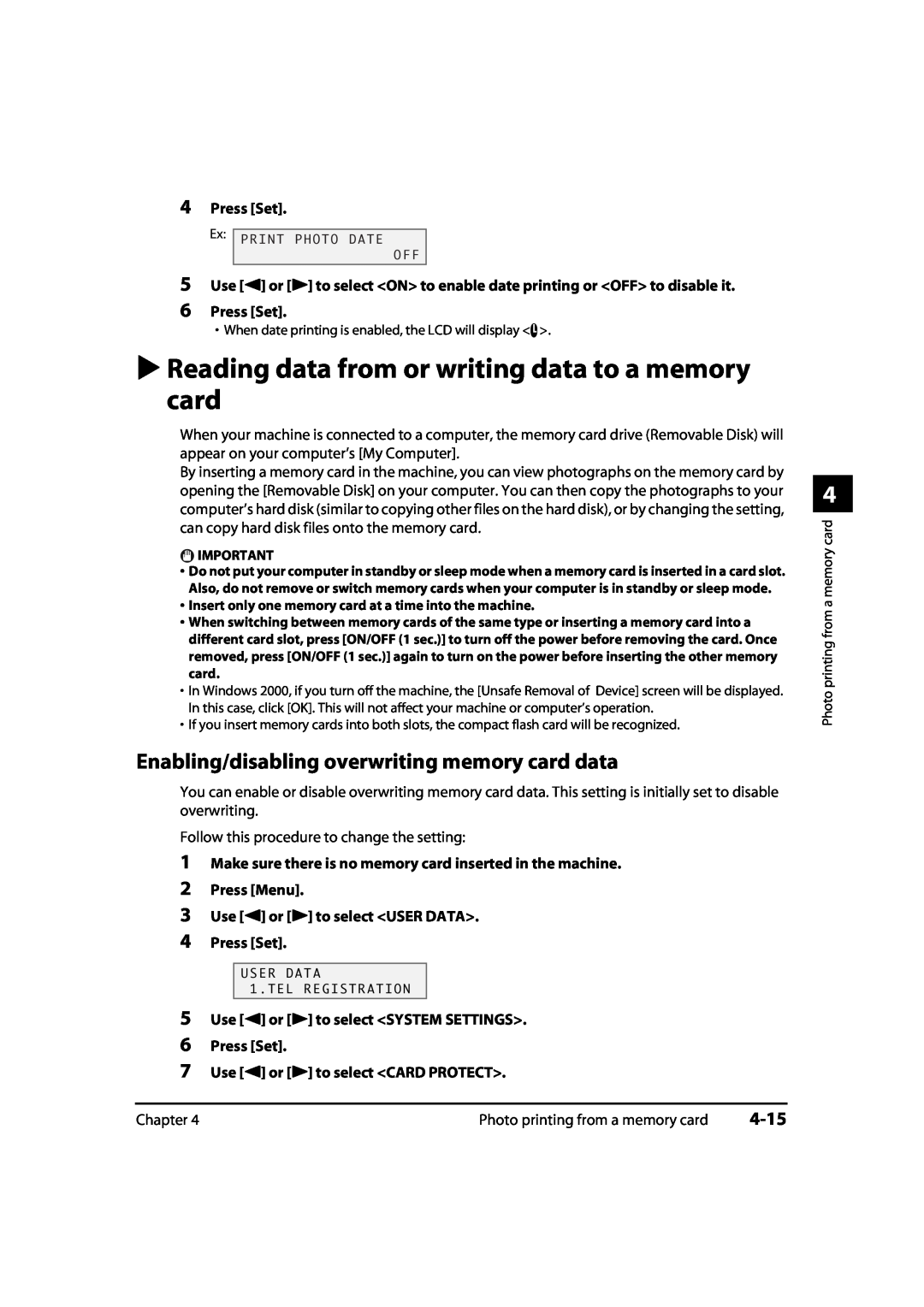 Canon MP700 Reading data from or writing data to a memory card, Enabling/disabling overwriting memory card data, 4-15 