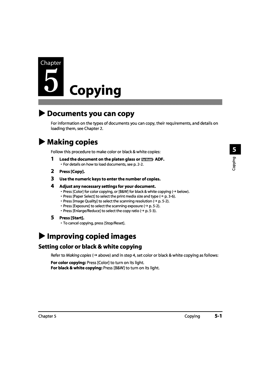 Canon MultiPASS MP730, 730i Copying, Documents you can copy, Making copies, Improving copied images, Chapter, Press Start 