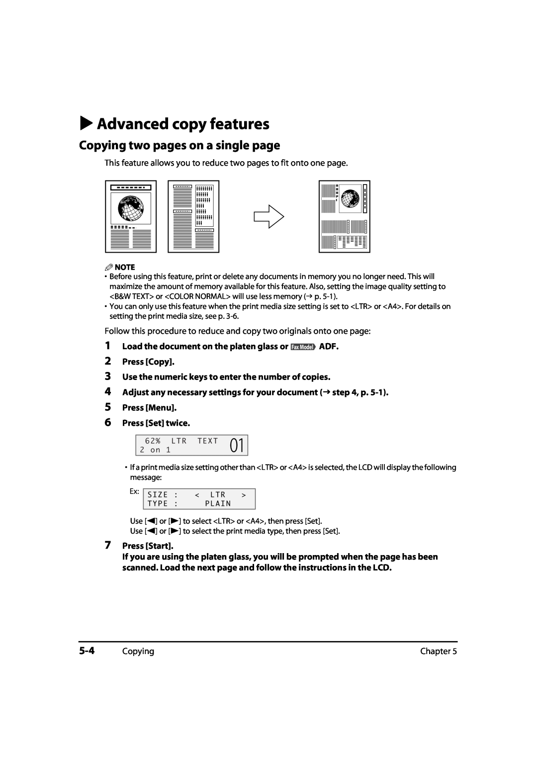 Canon MultiPASS MP730, 730i, MP700 Advanced copy features, Copying two pages on a single page, Press Menu 6 Press Set twice 