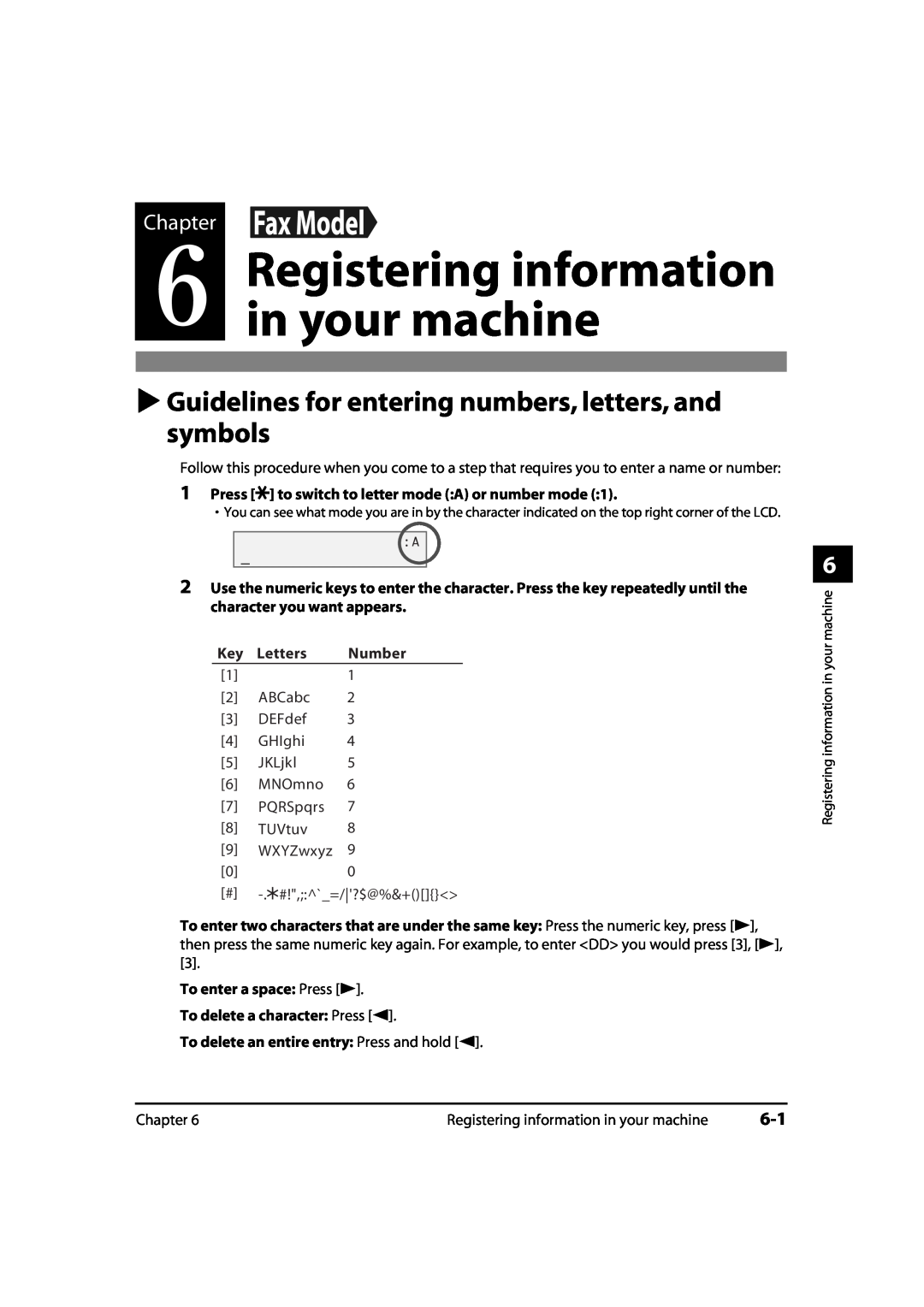 Canon MP700, 730i Guidelines for entering numbers, letters, and symbols, Registering information in your machine, Chapter 