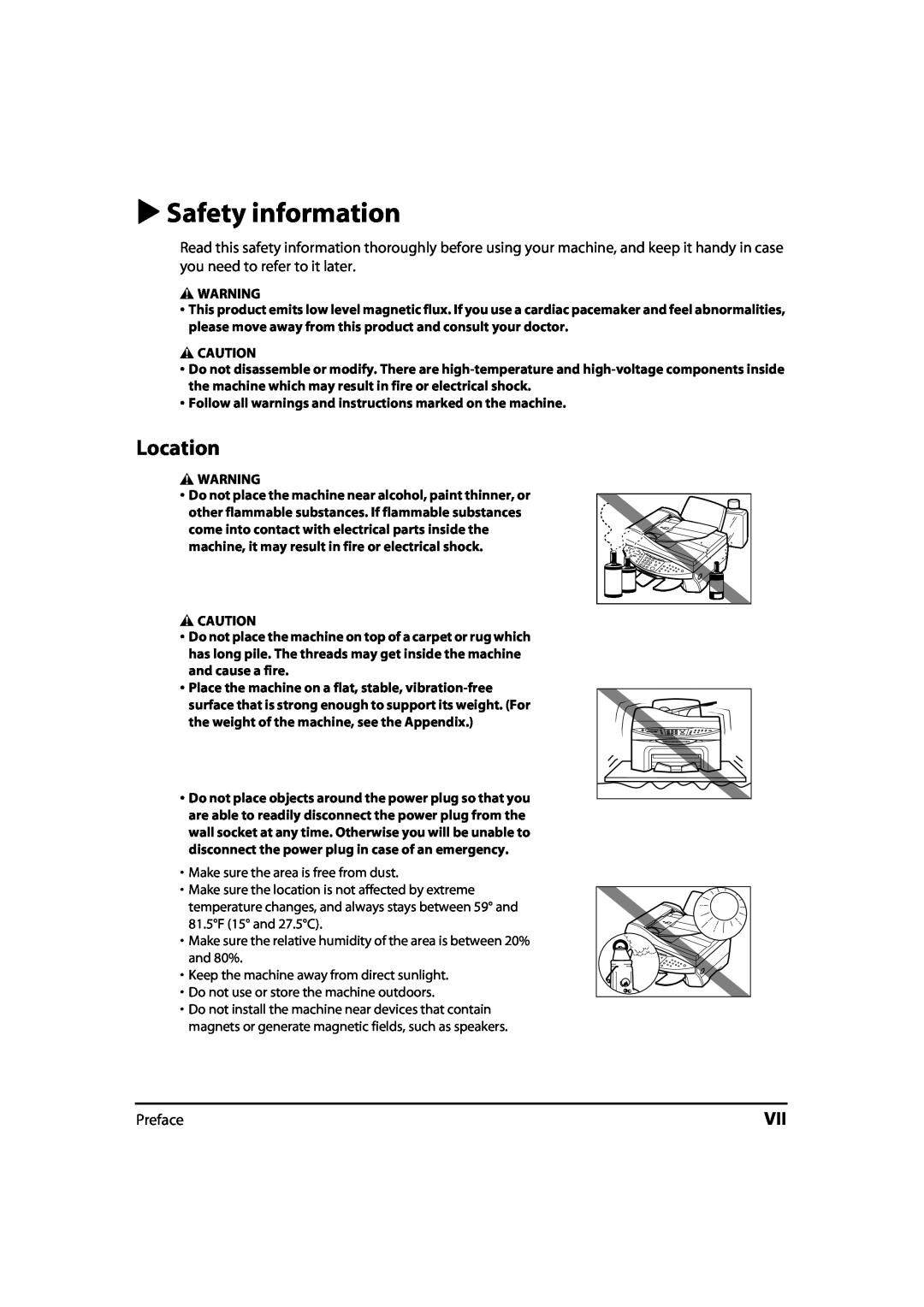 Canon MP700, 730i, MultiPASS MP730 manual Safety information, Location 
