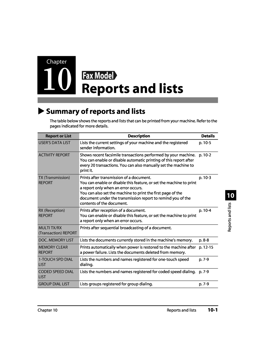 Canon MultiPASS MP730 Reports and lists, Summary of reports and lists, 10-1, Chapter, Report or List, Description, Details 