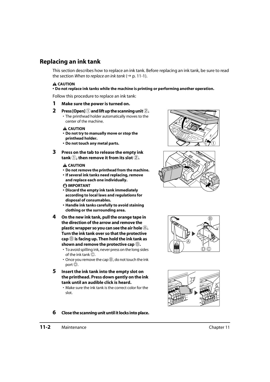 Canon MP700, 730i, MultiPASS MP730 manual Replacing an ink tank, 11-2 