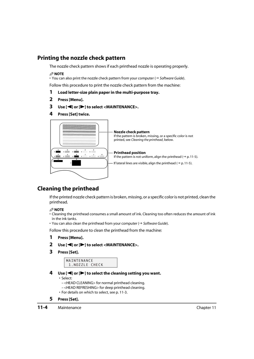 Canon MultiPASS MP730, 730i, MP700 manual Printing the nozzle check pattern, Cleaning the printhead, 11-4 