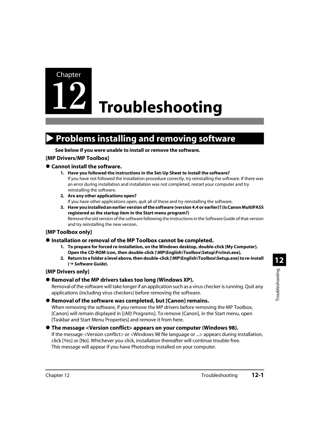 Canon MP700, 730i, MultiPASS MP730 manual Troubleshooting, 12-1, MP Drivers/MP Toolbox Cannot install the software 