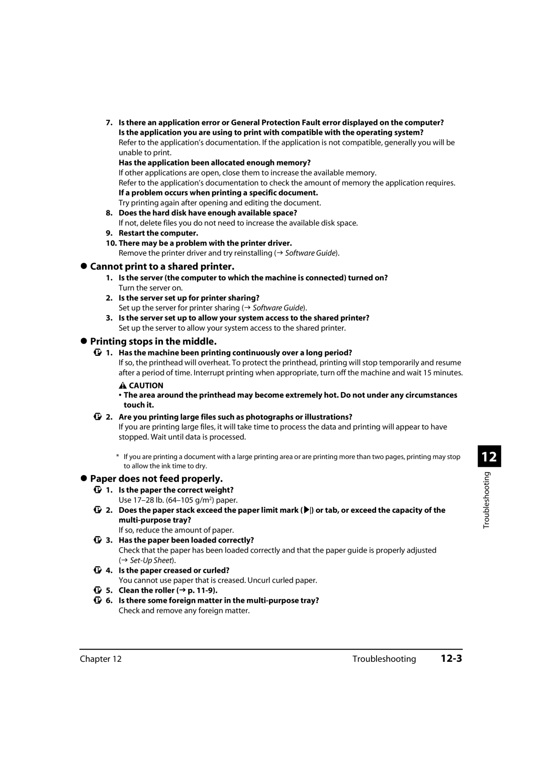 Canon MultiPASS MP730 12-3, Cannot print to a shared printer, Printing stops in the middle, Paper does not feed properly 