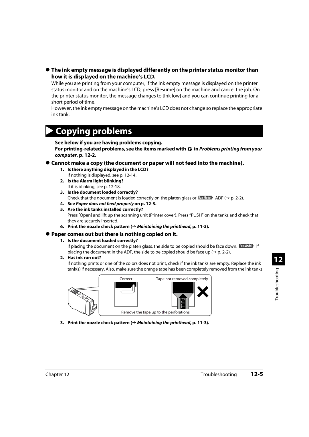 Canon 730i 12-5, Paper comes out but there is nothing copied on it, Is the document loaded correctly?, Has ink run out? 