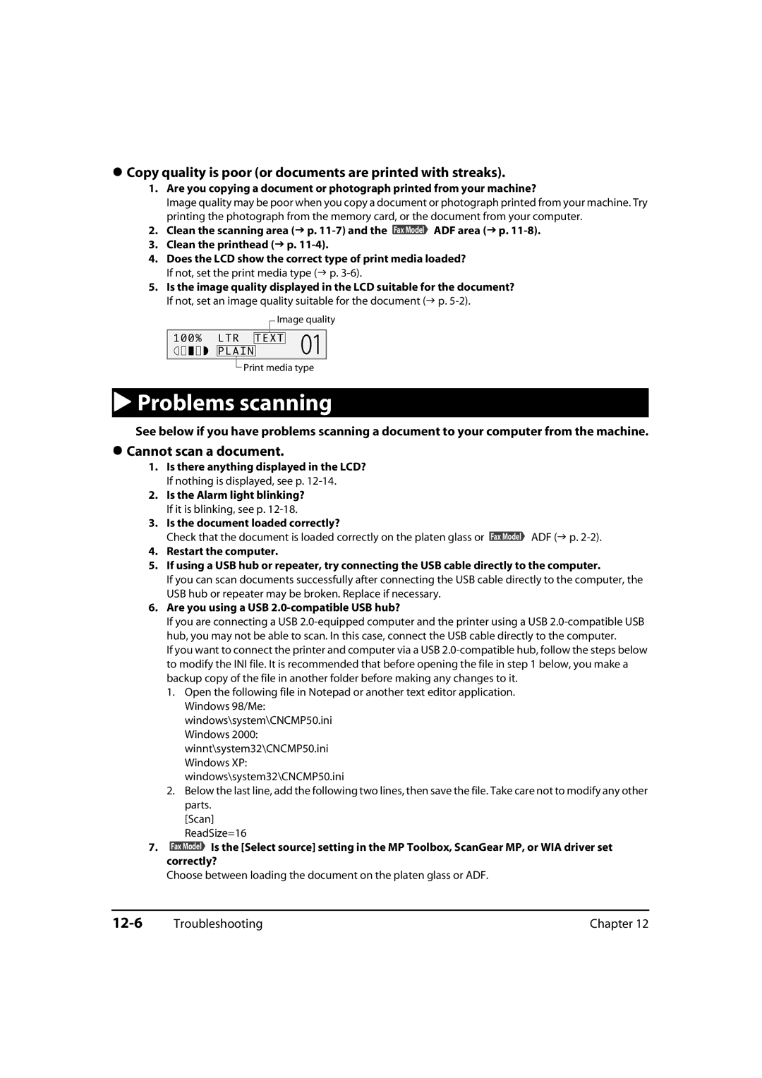 Canon MultiPASS MP730 Copy quality is poor or documents are printed with streaks, Cannot scan a document, 12-6, ADF area p 