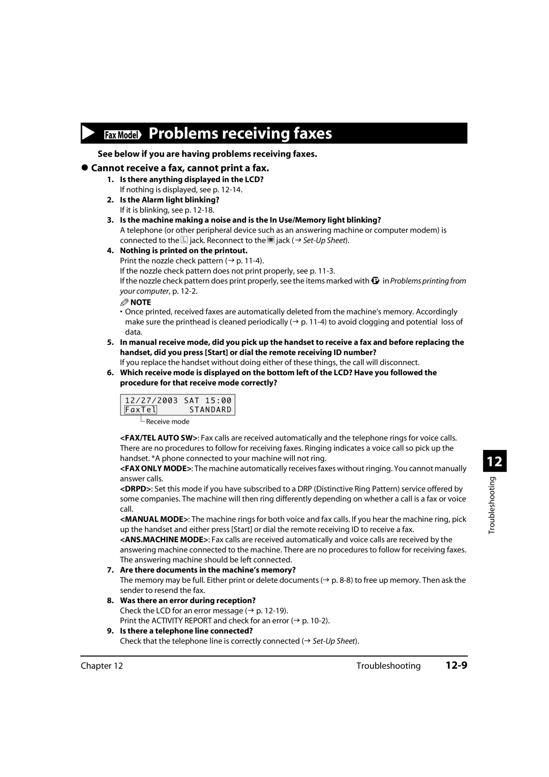 Canon MultiPASS MP730 12-9, Cannot receive a fax, cannot print a fax, See below if you are having problems receiving faxes 