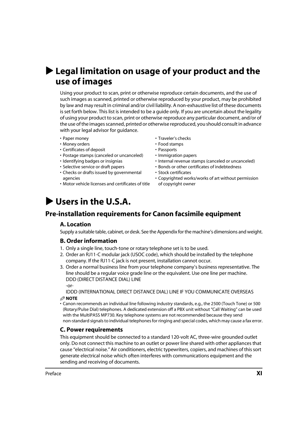 Canon 730i Users in the U.S.A, Pre-installation requirements for Canon facsimile equipment, Location, Order information 