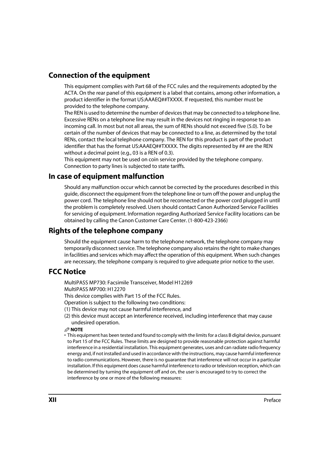 Canon MultiPASS MP730, 730i Connection of the equipment, Case of equipment malfunction, Rights of the telephone company 