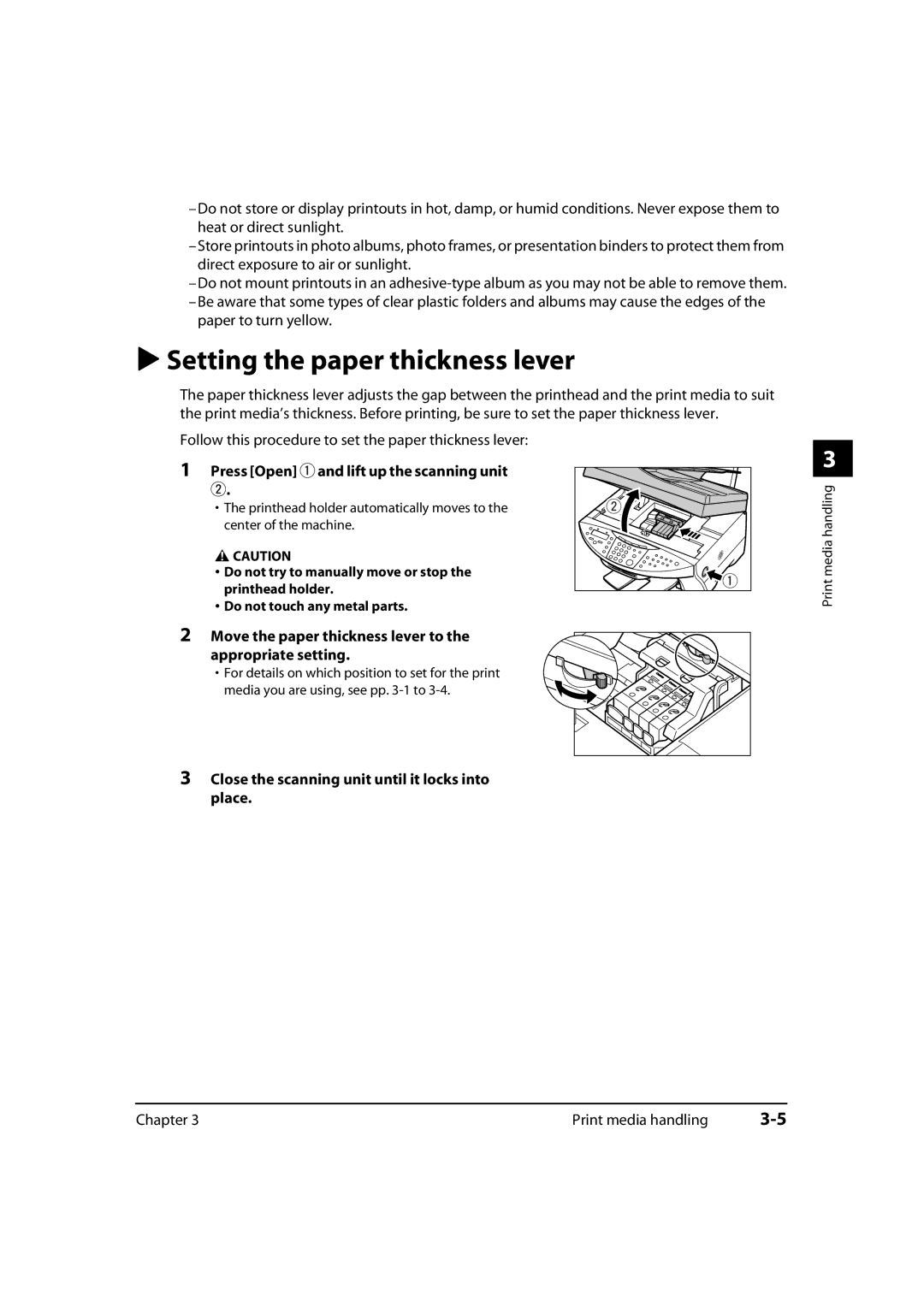 Canon 730i, MultiPASS MP730, MP700 manual Setting the paper thickness lever, Press Open q and lift up the scanning unit w 