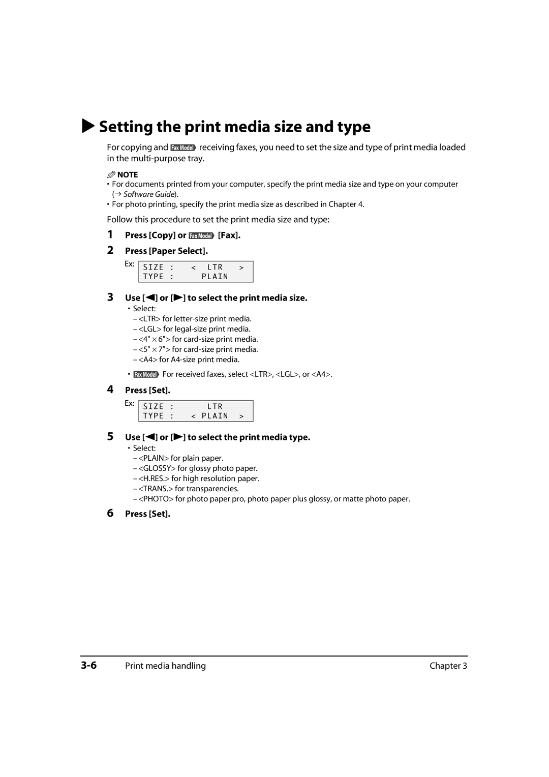 Canon MultiPASS MP730 Setting the print media size and type, Press Copy or Fax Model Fax Press Paper Select, Press Set 