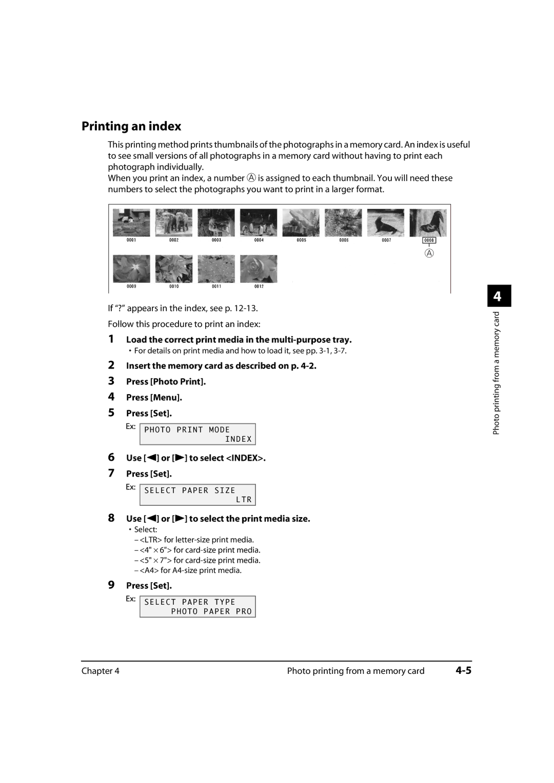 Canon MultiPASS MP730, 730i, MP700 manual Printing an index, Load the correct print media in the multi-purpose tray 