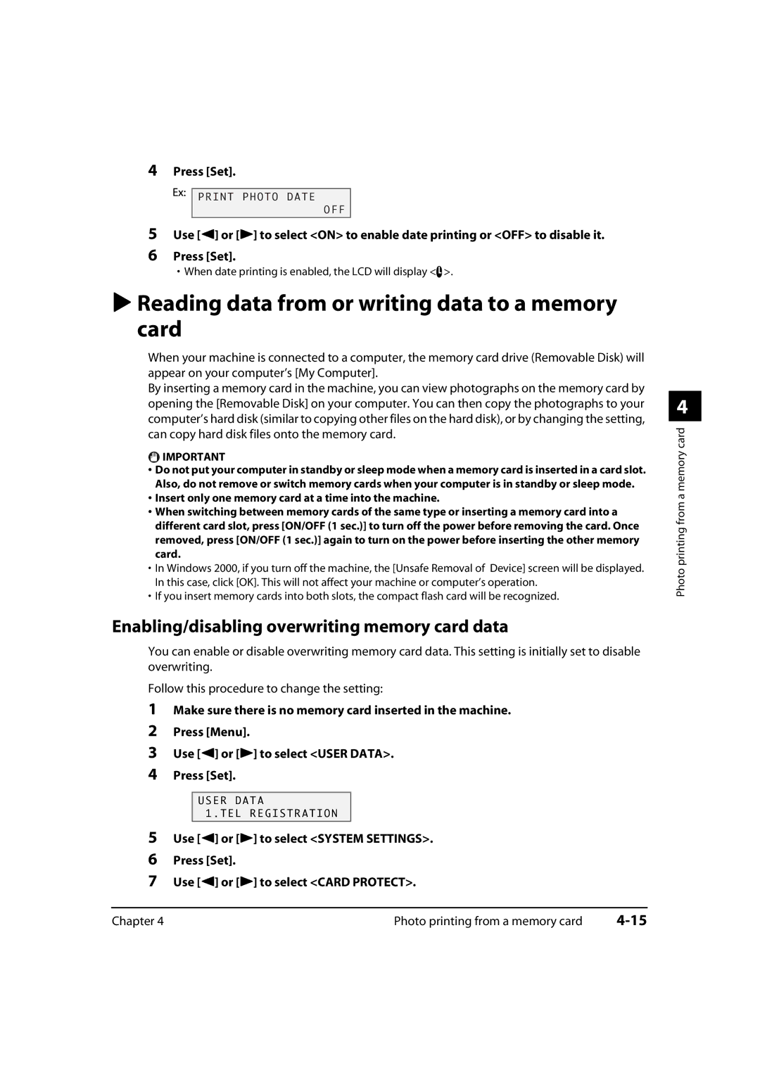 Canon MP700, 730i manual Reading data from or writing data to a memory card, Enabling/disabling overwriting memory card data 