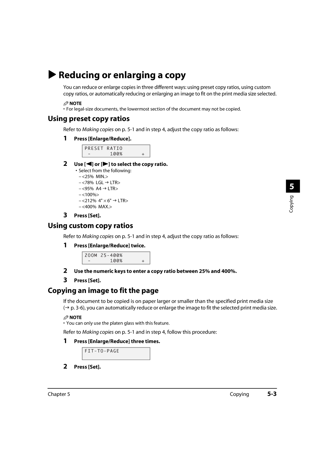 Canon 730i manual Reducing or enlarging a copy, Using preset copy ratios, Using custom copy ratios, Copying an image to fit 