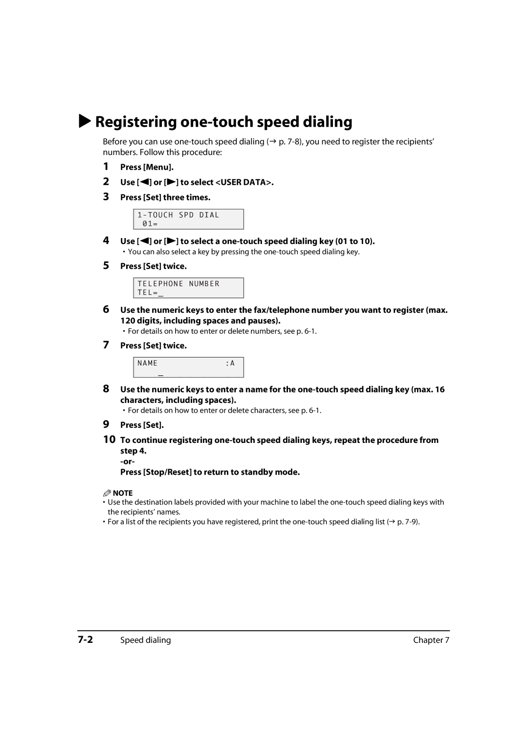 Canon 730i, MultiPASS MP730 Registering one-touch speed dialing, Use 2 or 3 to select a one-touch speed dialing key 01 to 