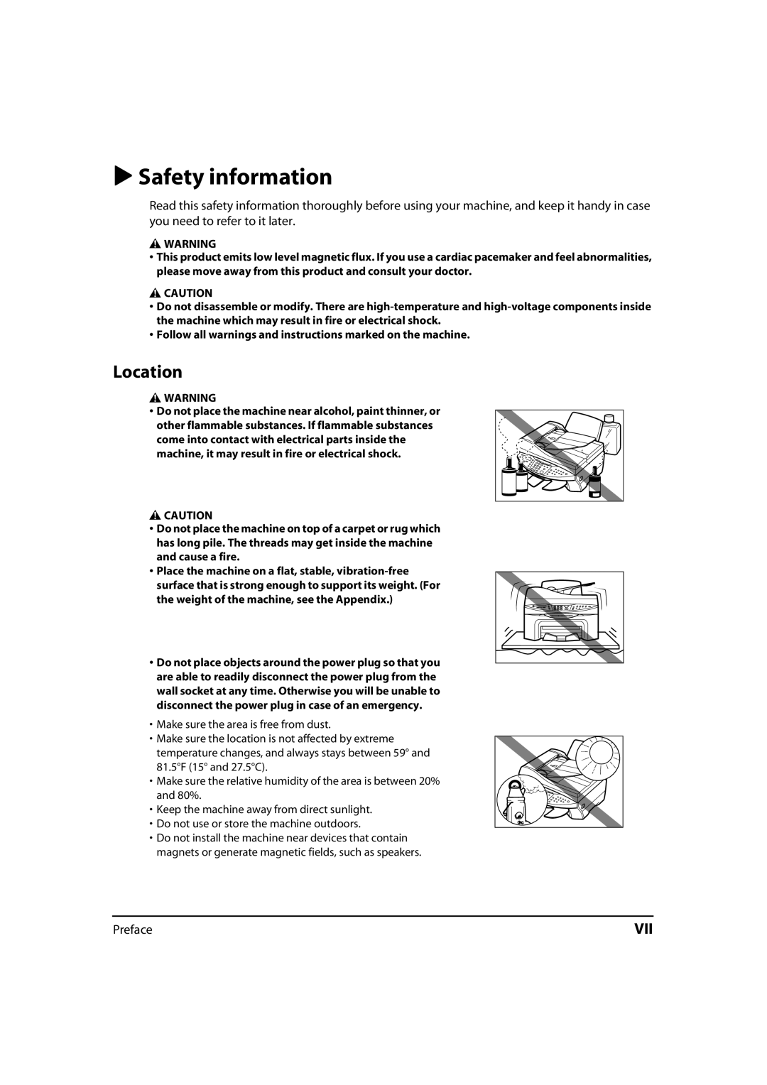 Canon MP700, 730i, MultiPASS MP730 manual Safety information, Location 