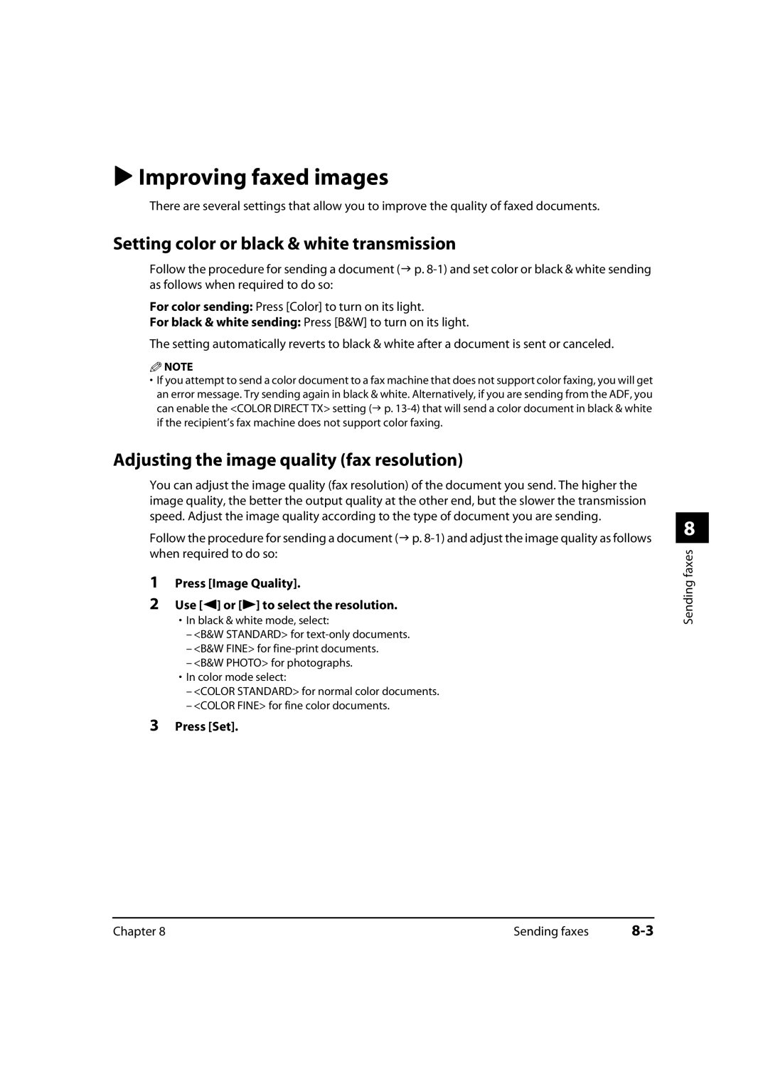 Canon MP700, 730i, MultiPASS MP730 manual Improving faxed images, Setting color or black & white transmission 