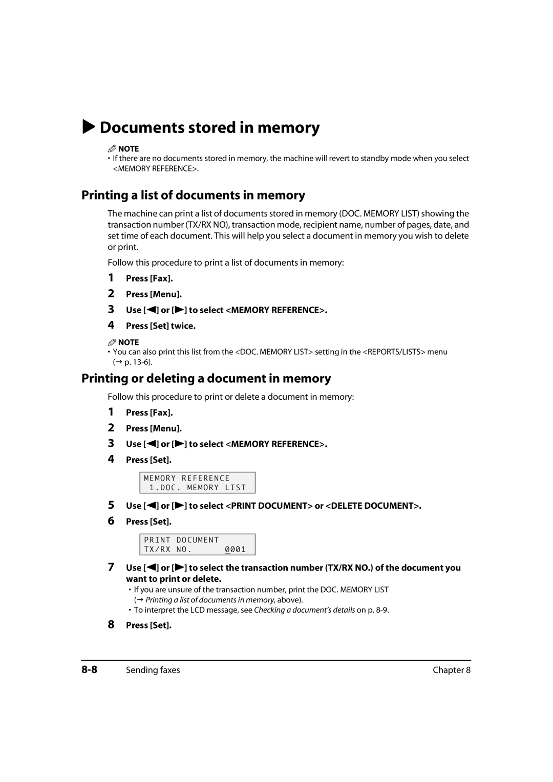 Canon MultiPASS MP730, 730i, MP700 Documents stored in memory, Printing a list of documents in memory, Memory Reference 