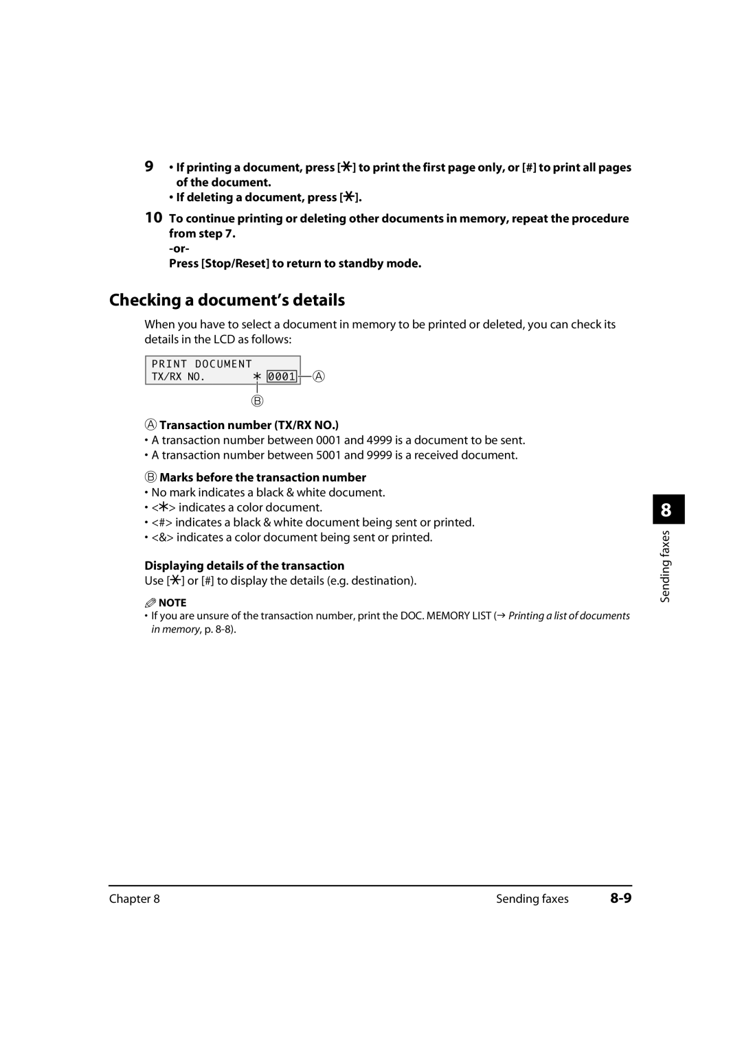 Canon MP700, 730i manual Checking a document’s details, Transaction number TX/RX no, Marks before the transaction number 