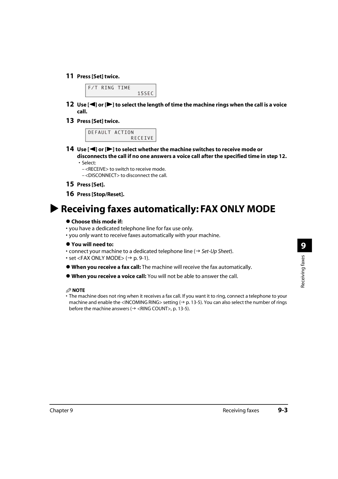 Canon 730i, MultiPASS MP730, MP700 manual Receiving faxes automatically FAX only Mode, Press Set Press Stop/Reset 