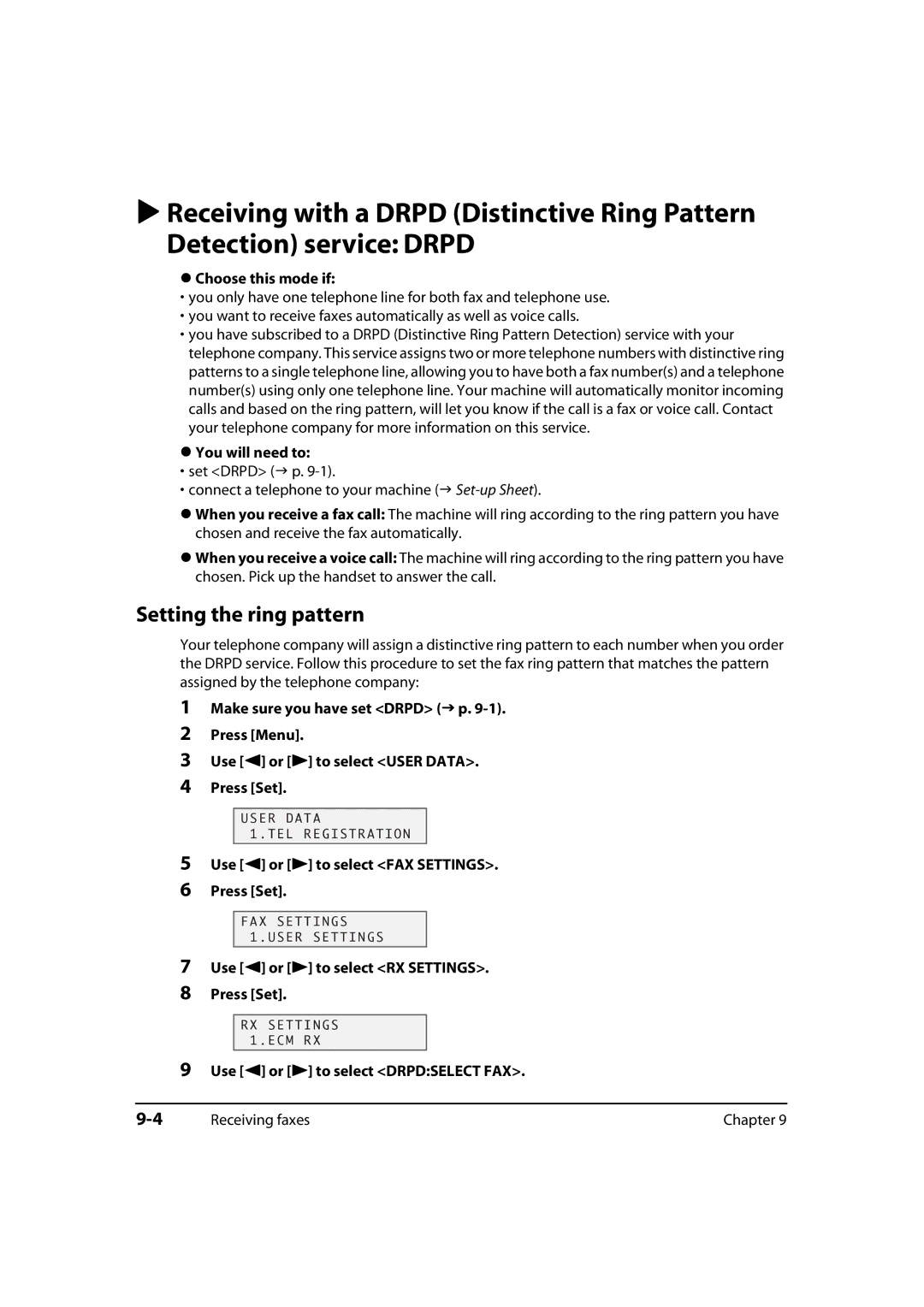 Canon MultiPASS MP730, 730i, MP700 manual Setting the ring pattern, Use 2 or 3 to select Drpdselect FAX 