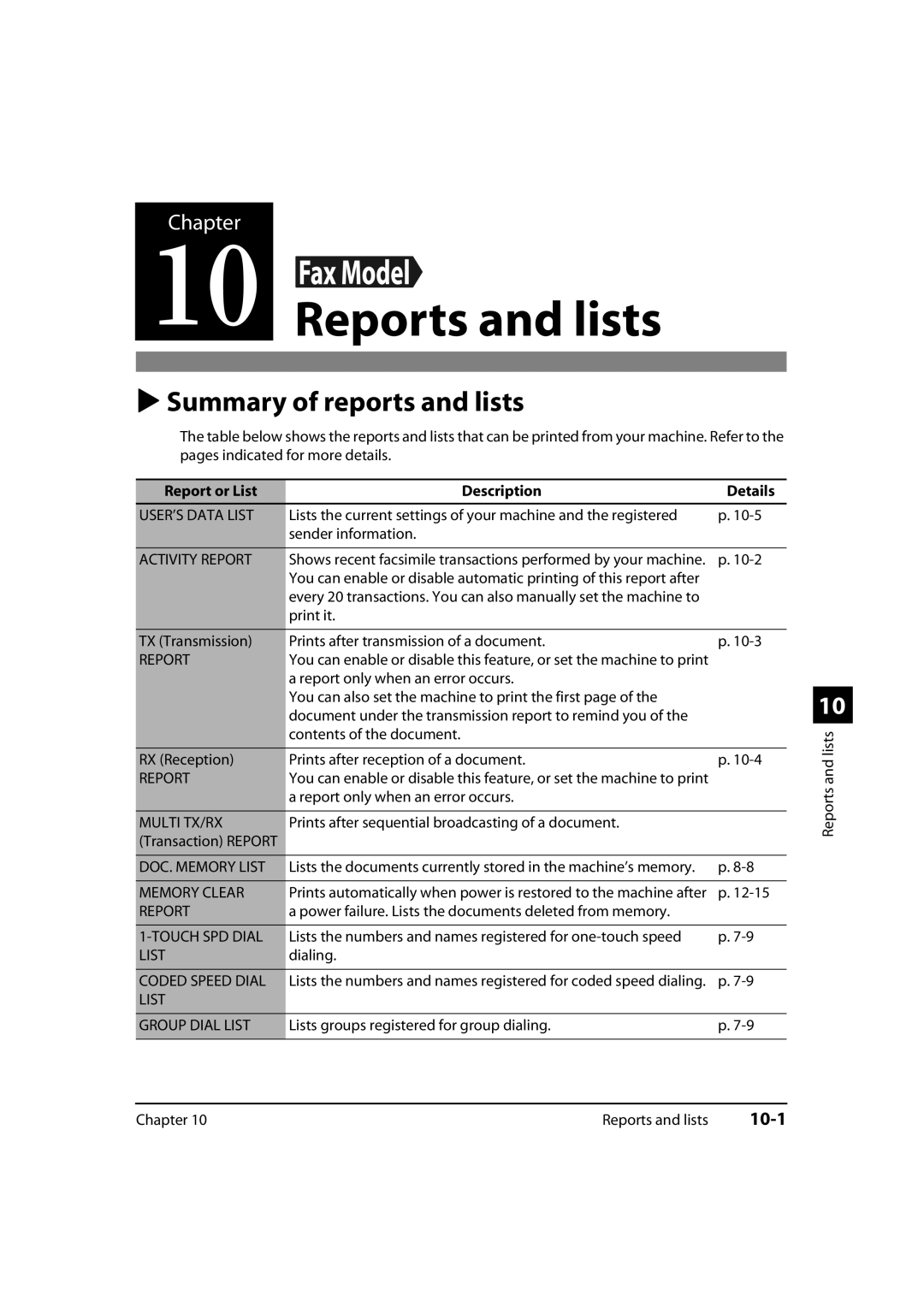 Canon MultiPASS MP730, 730i manual Reports and lists, Summary of reports and lists, 10-1, Report or List Description Details 