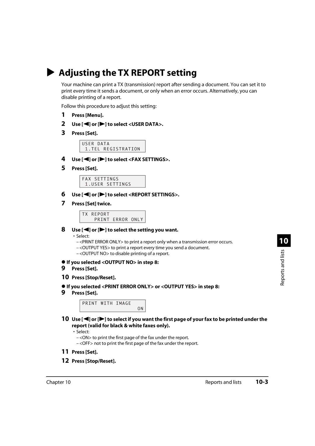 Canon 730i, MultiPASS MP730 Adjusting the TX Report setting, 10-3, Use 2 or 3 to select Report Settings Press Set twice 