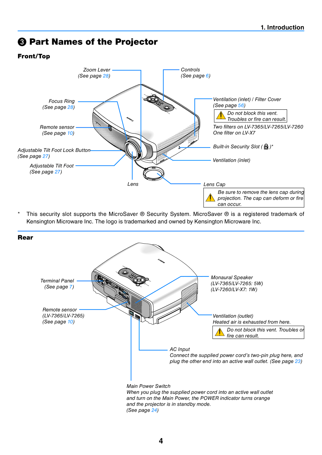 Canon 7365 user manual ❸ Part Names of the Projector, Front/Top, Rear 