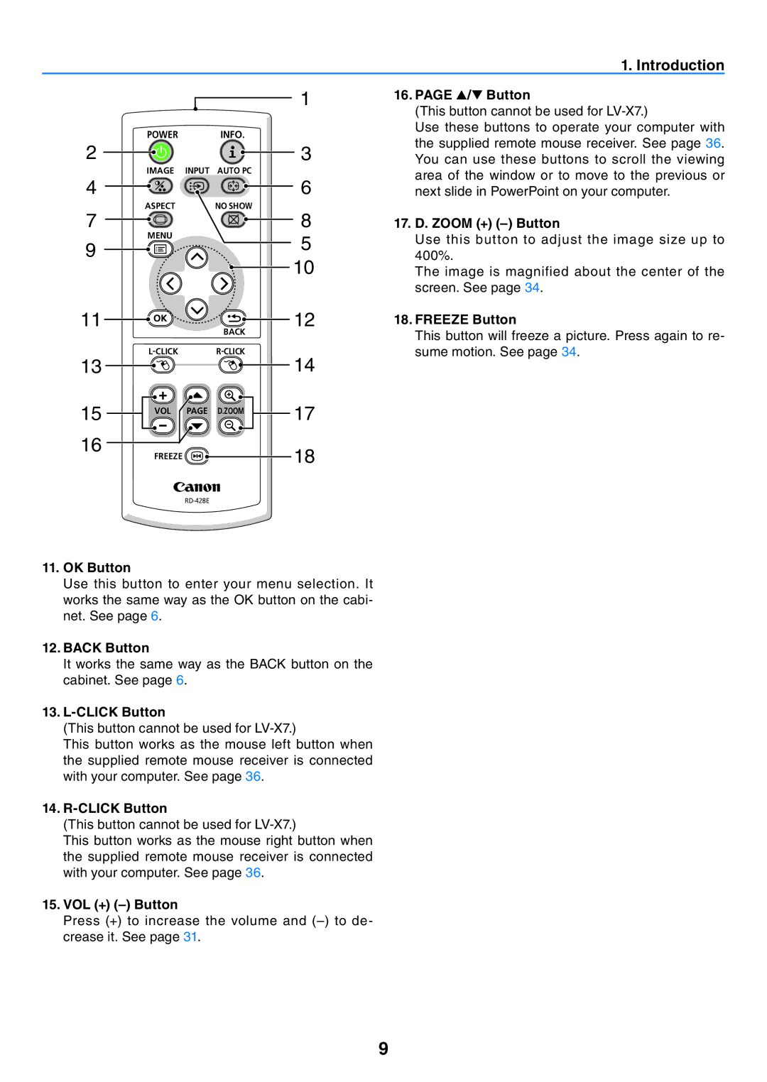 Canon 7365 user manual 17. D. Zoom + Button, Freeze Button, Click Button, VOL + Button 