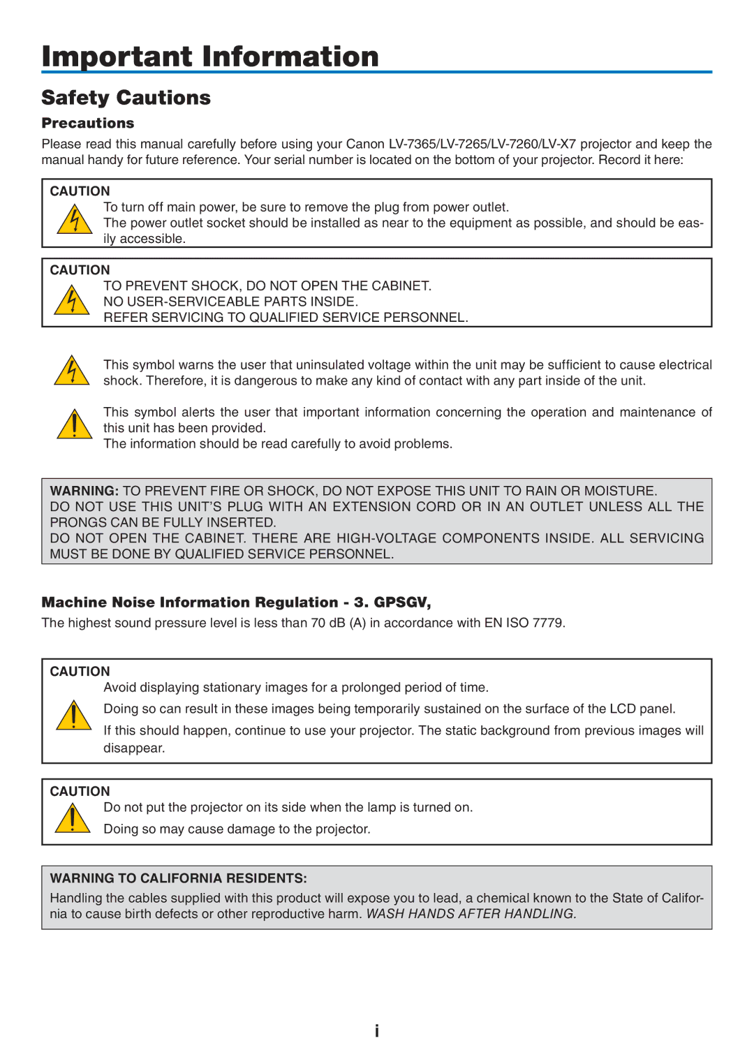 Canon 7365 user manual Important Information, Safety Cautions, Precautions, Machine Noise Information Regulation 3. Gpsgv 