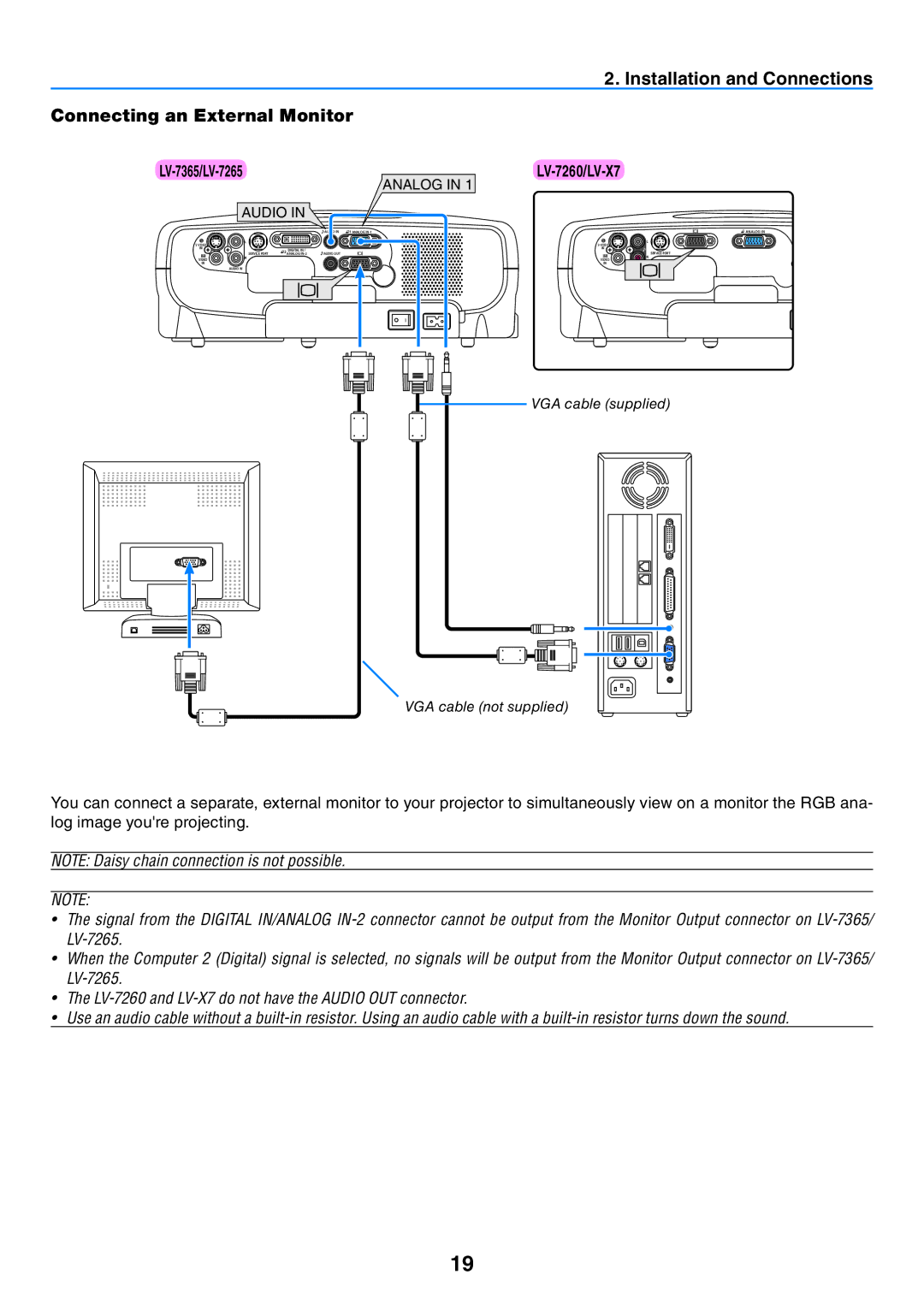 Canon 7365 user manual Installation and Connections Connecting an External Monitor, Audio 